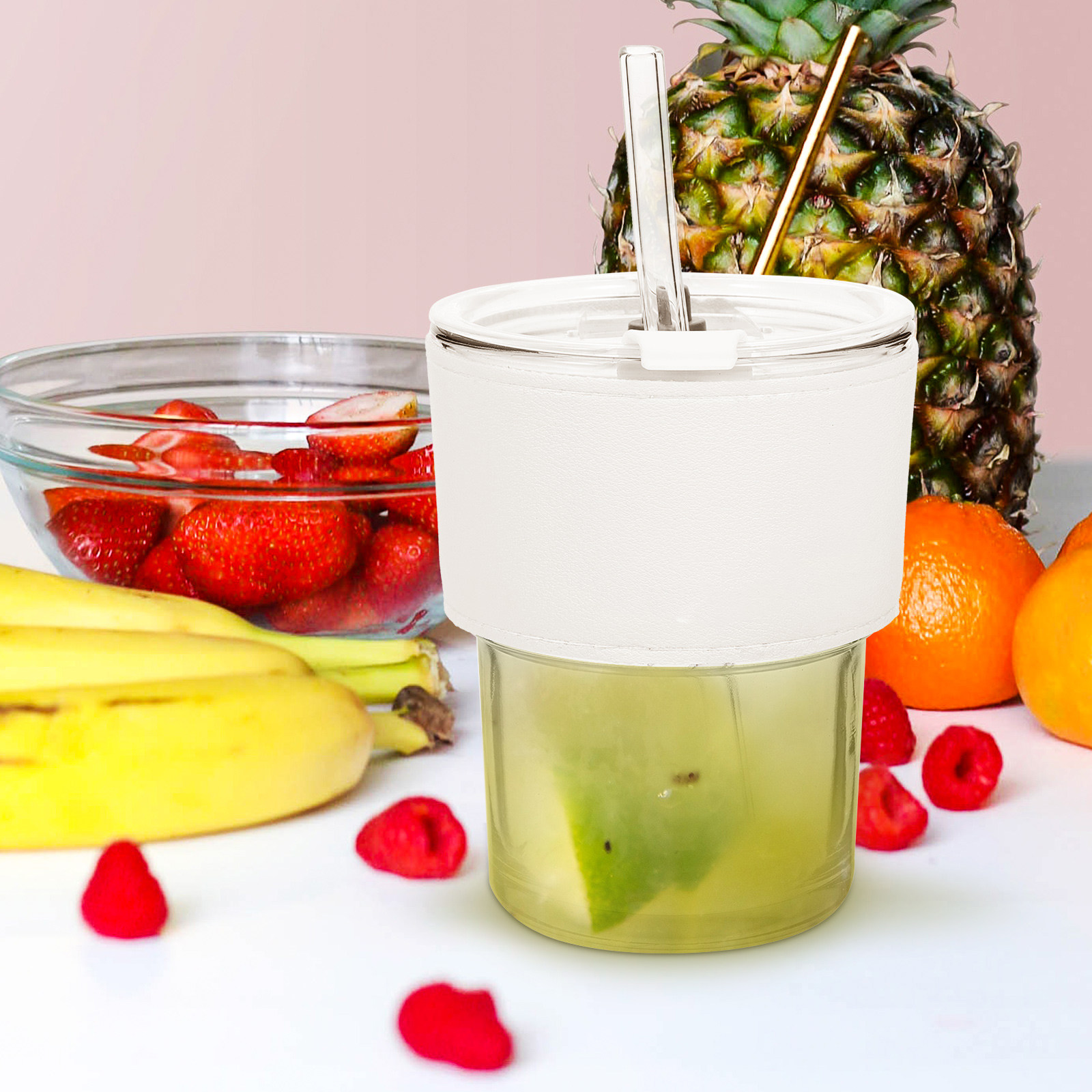 Reusable Straw - 2-teiliges Glas-Saftflaschen-Set mit Strohhalm-Deckel, wiederverwendbarer Glasbecher